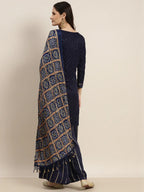 Jompers Women's Embroidered Sequinned Kurta with Palazzos & Dupatta - Navy Blue