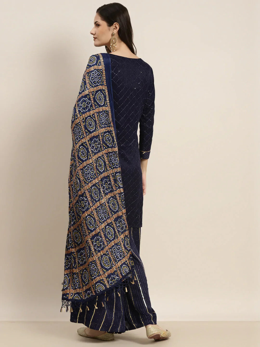 Jompers Women's Embroidered Sequinned Kurta with Palazzos & Dupatta - Navy Blue