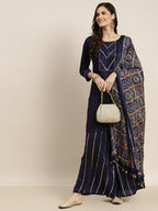 Jompers Women's Embroidered Sequinned Kurta with Palazzos & Dupatta - Navy Blue