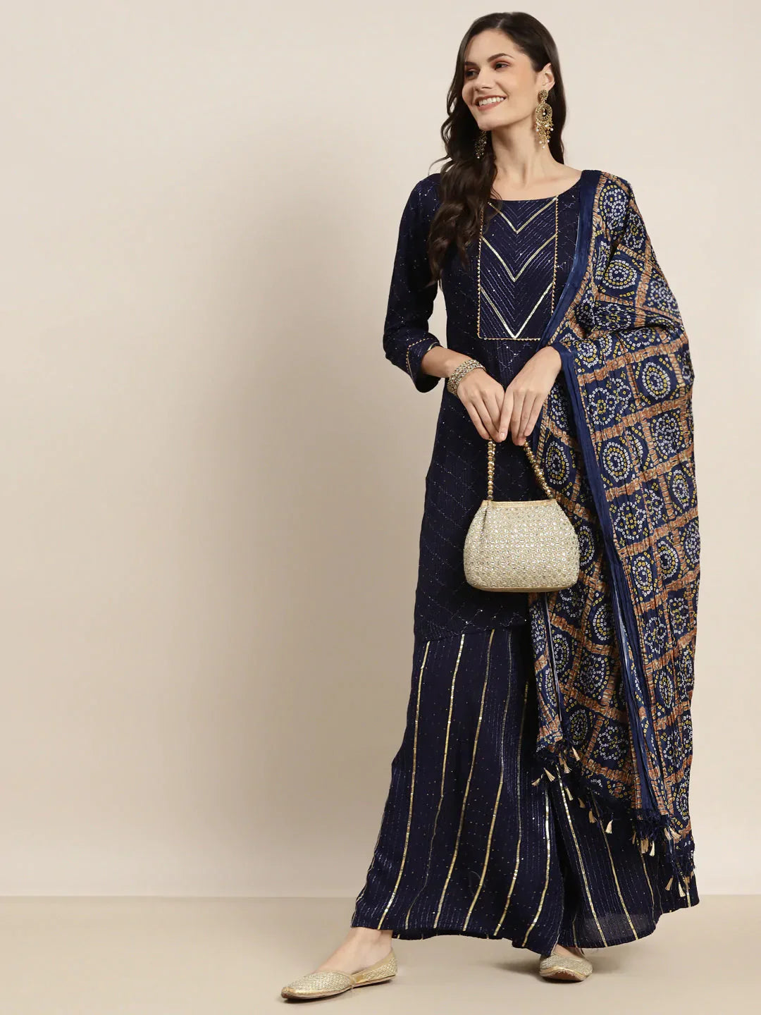 Jompers Women's Embroidered Sequinned Kurta with Palazzos & Dupatta - Navy Blue