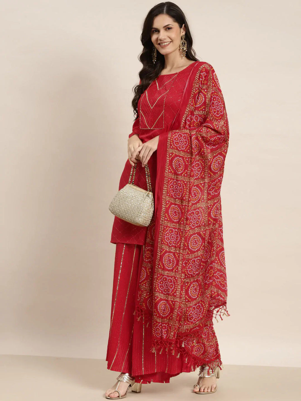 Jompers Women's Embroidered Sequinned Kurta with Palazzos & Dupatta - Red