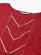 Jompers Women's Embroidered Sequinned Kurta with Palazzos & Dupatta - Red