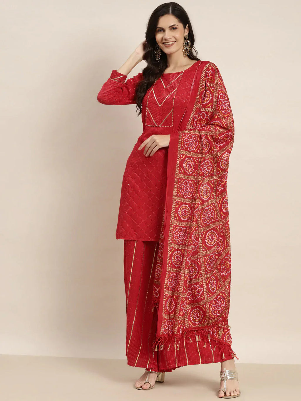 Jompers Women's Embroidered Sequinned Kurta with Palazzos & Dupatta - Red