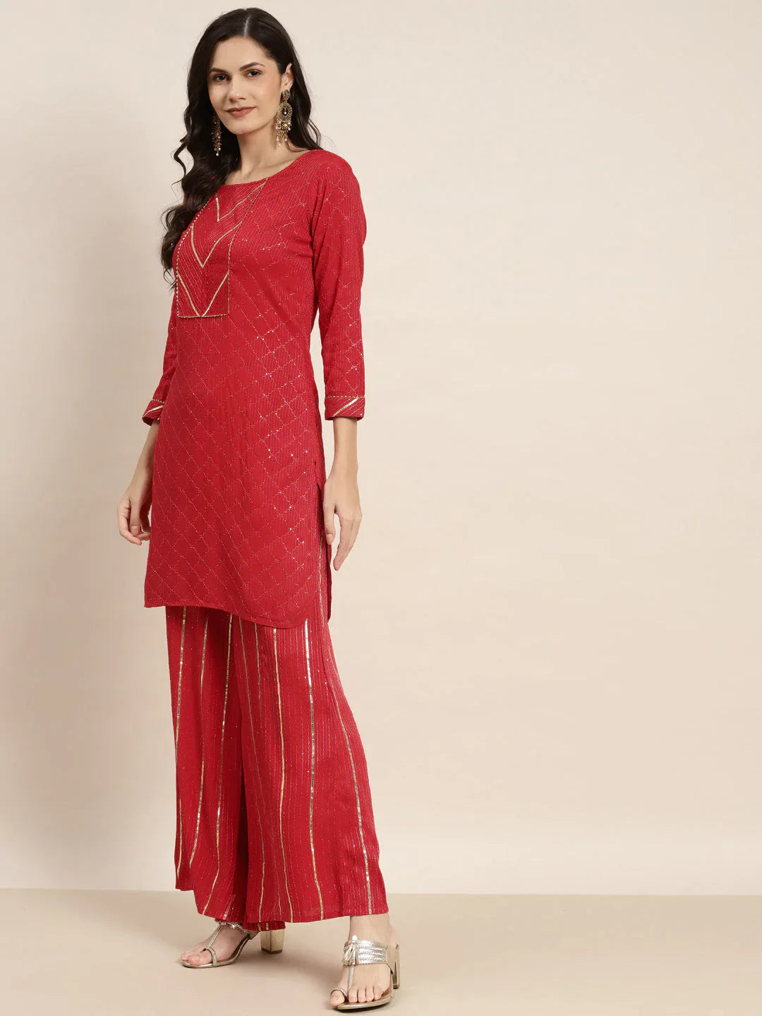 Jompers Women's Embroidered Sequinned Kurta with Palazzos & Dupatta - Red