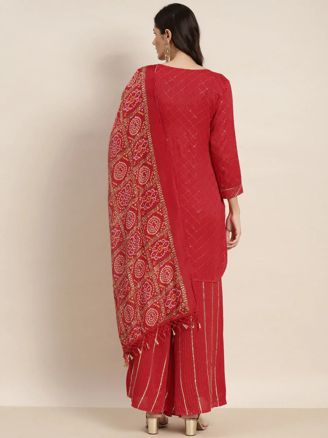 Jompers Women's Embroidered Sequinned Kurta with Palazzos & Dupatta - Red
