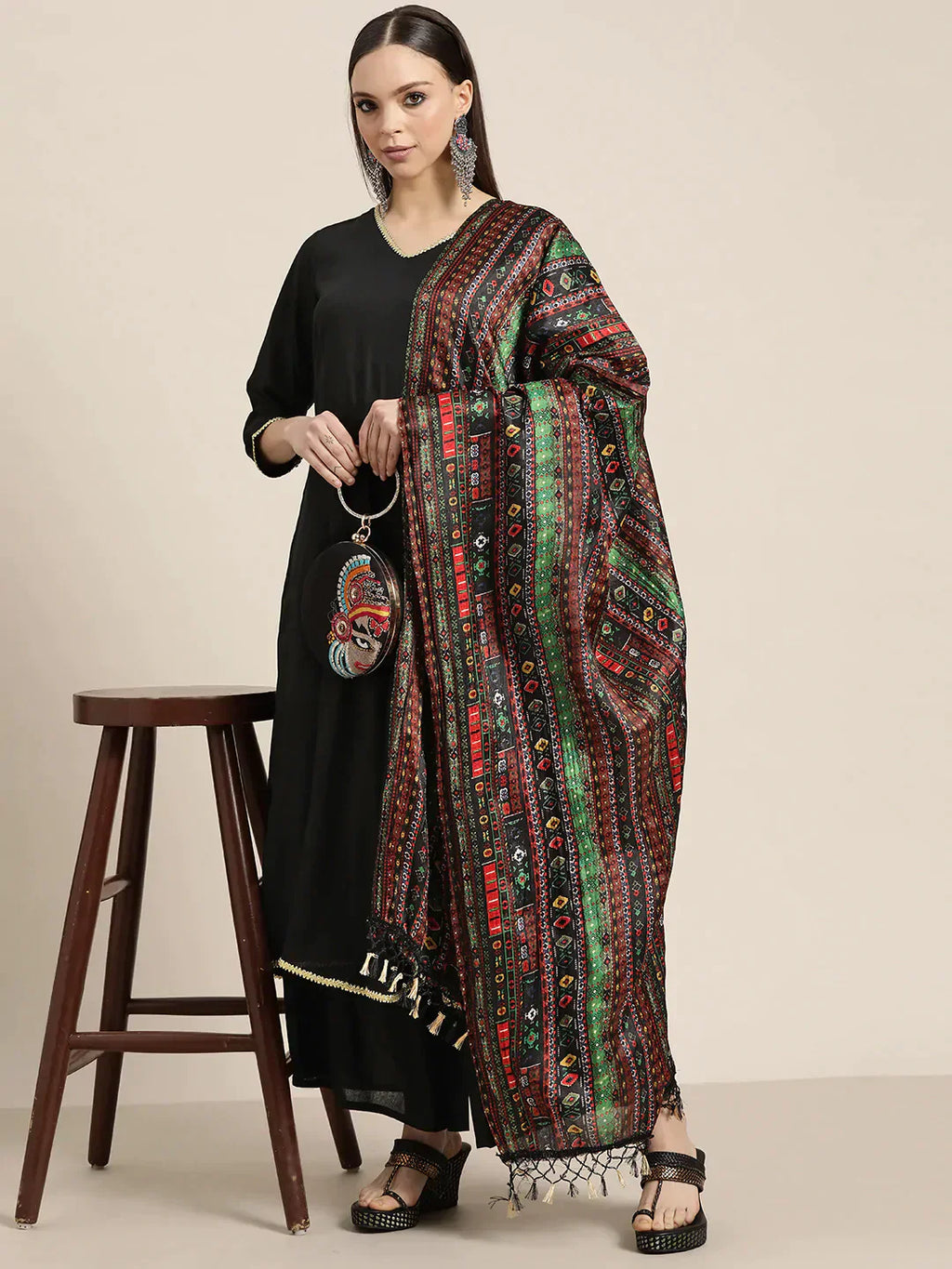 Jompers Women's Kurta with Palazzos & print Dupatta - Black