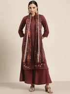 Jompers Women's Maroon Floral Embroidered Mukaish Kurta with Palazzos & Dupatta