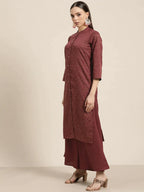 Jompers Women's Maroon Floral Embroidered Mukaish Kurta with Palazzos & Dupatta