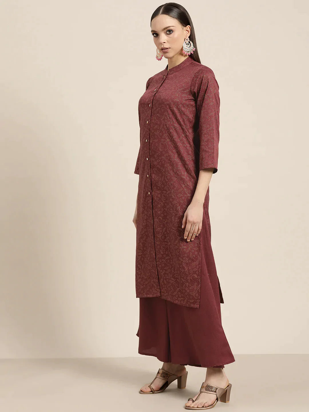 Jompers Women's Maroon Floral Embroidered Mukaish Kurta with Palazzos & Dupatta