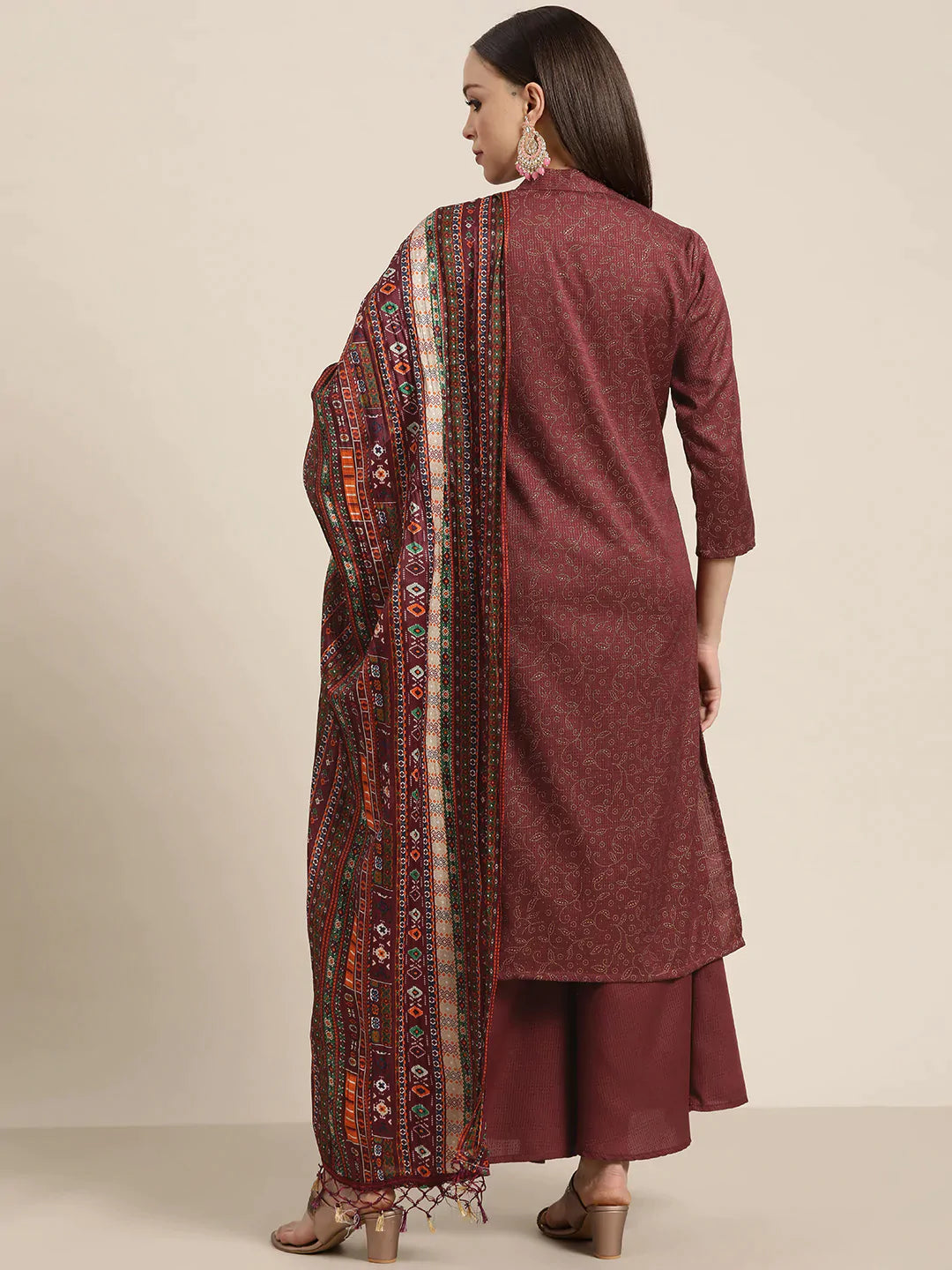 Jompers Women's Maroon Floral Embroidered Mukaish Kurta with Palazzos & Dupatta