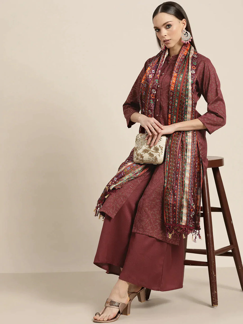 Jompers Women's Maroon Floral Embroidered Mukaish Kurta with Palazzos & Dupatta