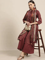 Jompers Women's Maroon Floral Embroidered Mukaish Kurta with Palazzos & Dupatta