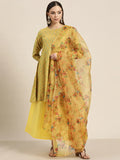 Jompers Women's Floral Pleated Dupion Silk Jacquard Kurta with Palazzos & Dupatta - Yellow