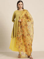 Jompers Women's Floral Pleated Dupion Silk Jacquard Kurta with Palazzos & Dupatta - Yellow