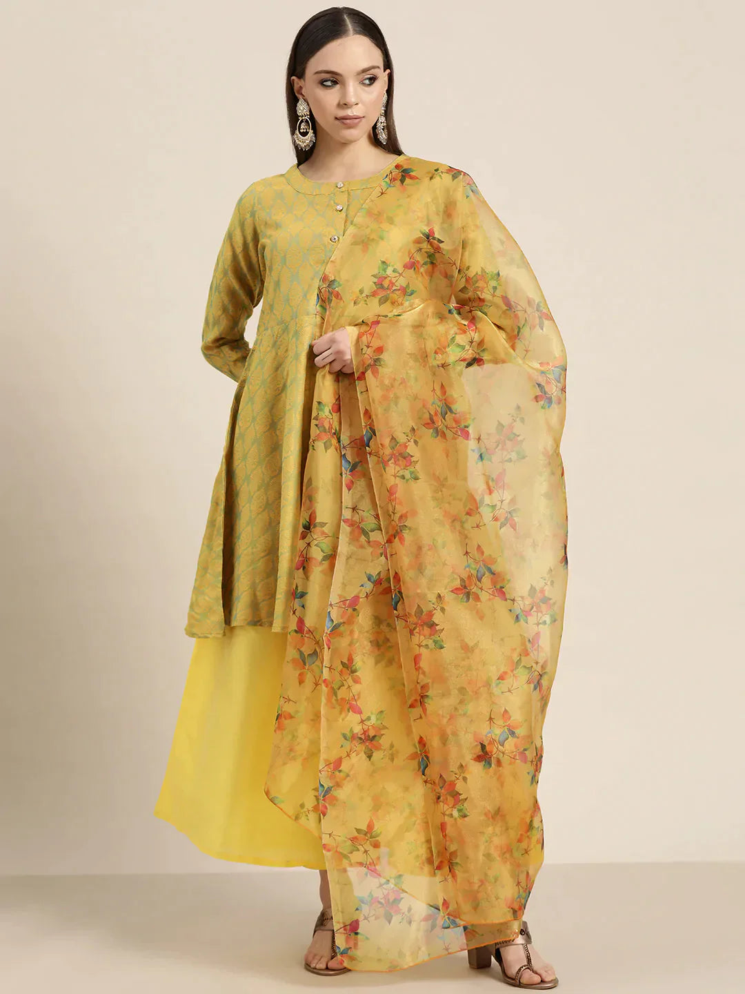 Jompers Women's Floral Pleated Dupion Silk Jacquard Kurta with Palazzos & Dupatta - Yellow