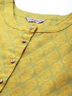 Jompers Women's Floral Pleated Dupion Silk Jacquard Kurta with Palazzos & Dupatta - Yellow