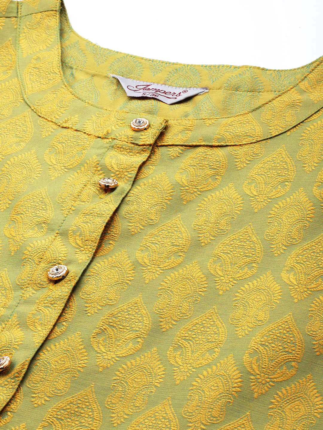 Jompers Women's Floral Pleated Dupion Silk Jacquard Kurta with Palazzos & Dupatta - Yellow