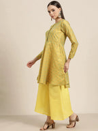 Jompers Women's Floral Pleated Dupion Silk Jacquard Kurta with Palazzos & Dupatta - Yellow