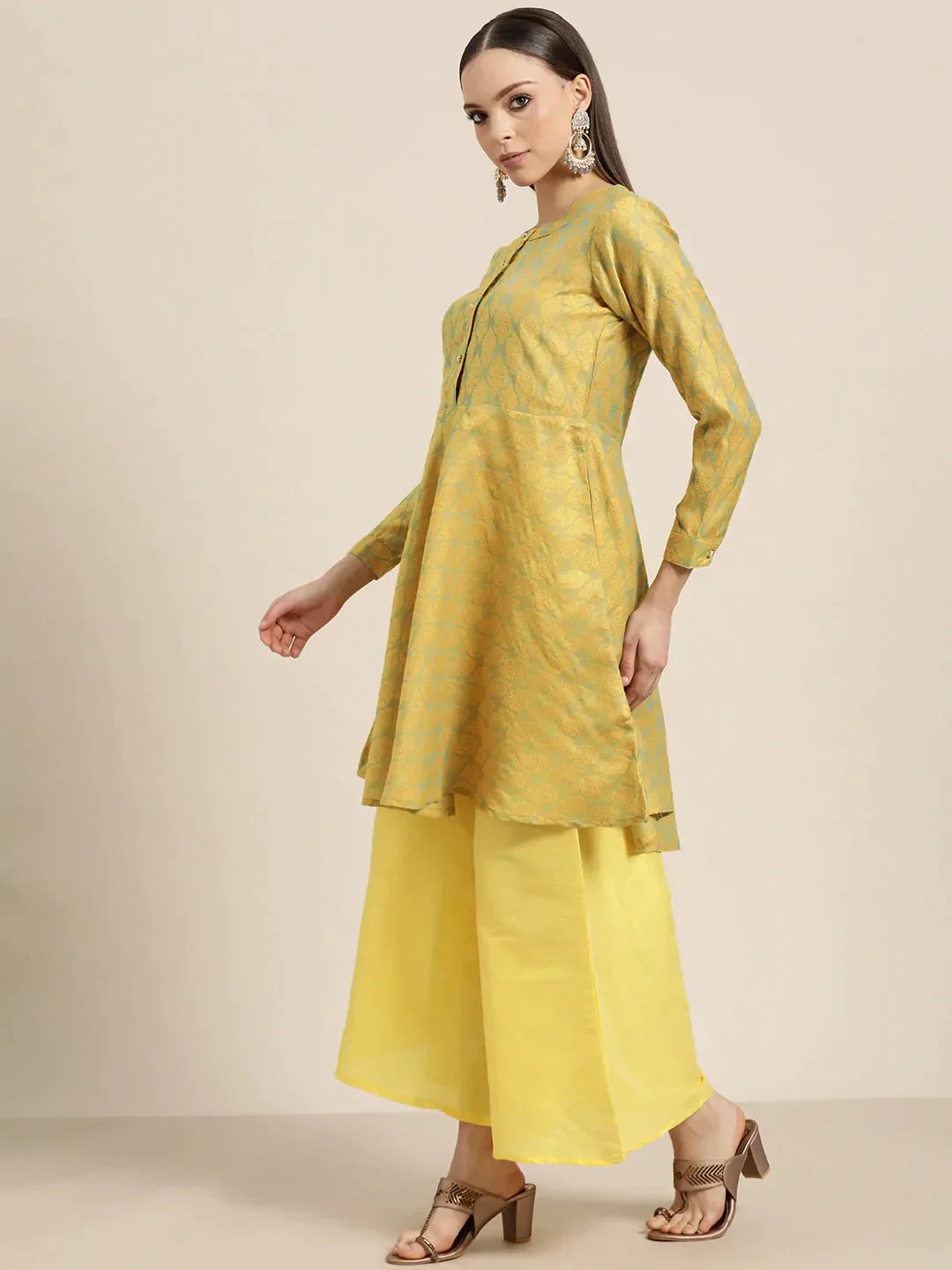 Jompers Women's Floral Pleated Dupion Silk Jacquard Kurta with Palazzos & Dupatta - Yellow