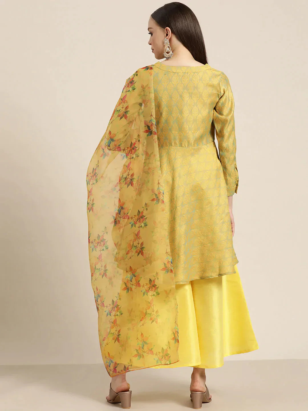 Jompers Women's Floral Pleated Dupion Silk Jacquard Kurta with Palazzos & Dupatta - Yellow