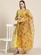 Jompers Women's Floral Pleated Dupion Silk Jacquard Kurta with Palazzos & Dupatta - Yellow