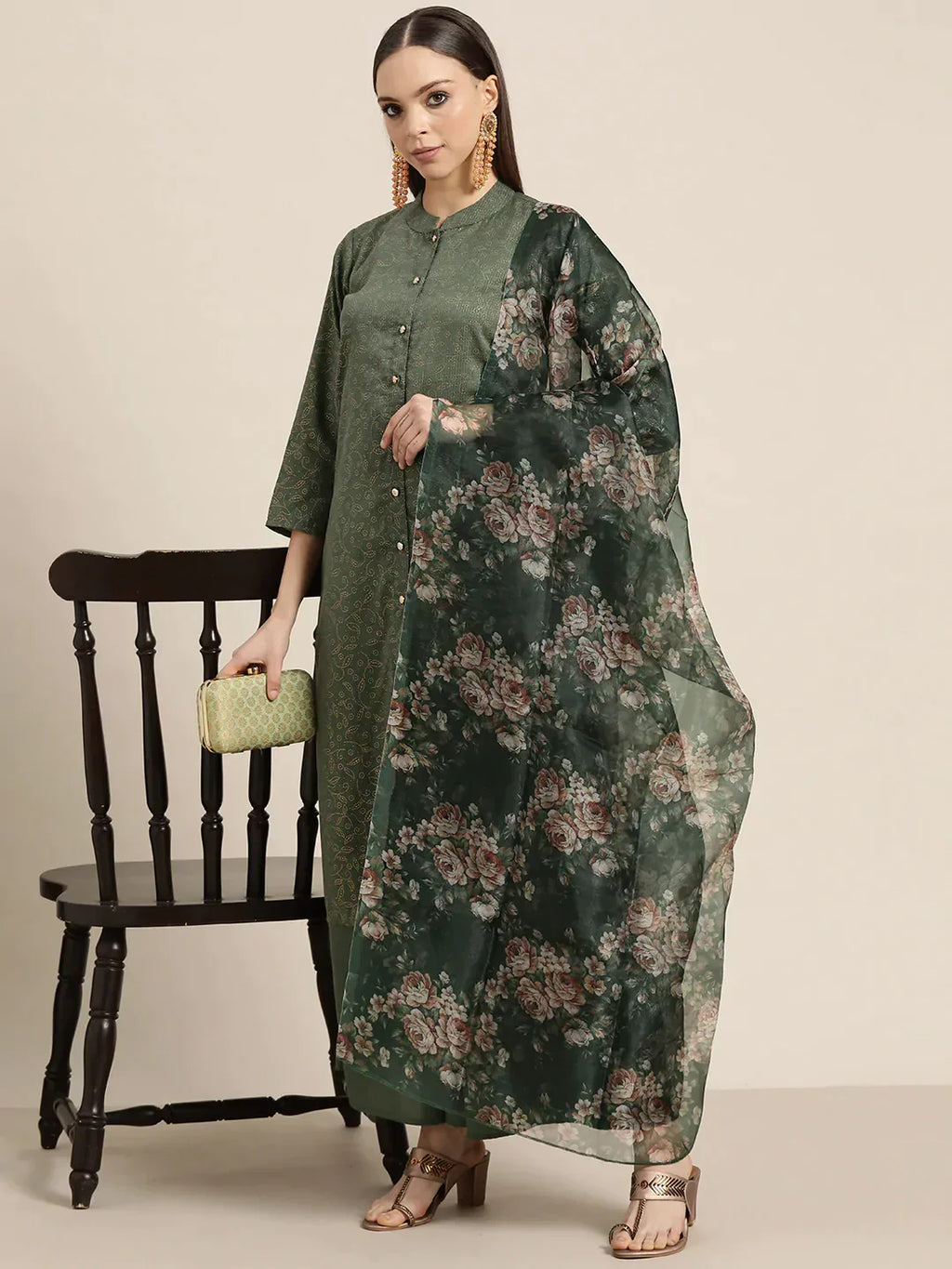 Jompers Women's Maroon Floral Embroidered Mukaish Kurta with Palazzos & Dupatta