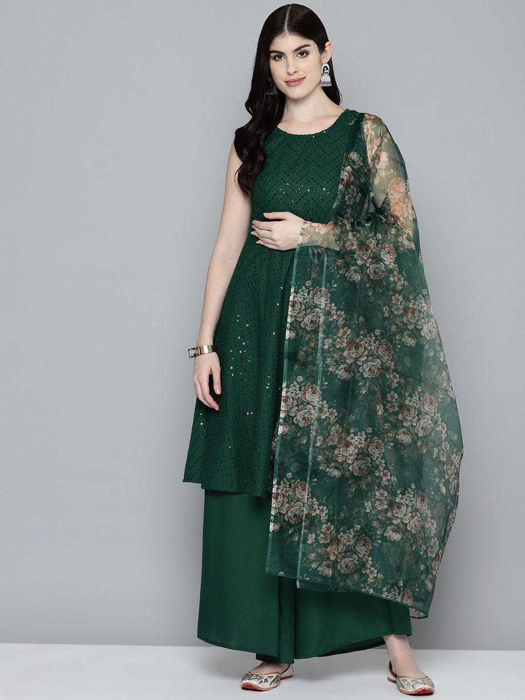 Jompers Women's Embroidered Sequinned Kurta & Palazzos With Dupatta - Green