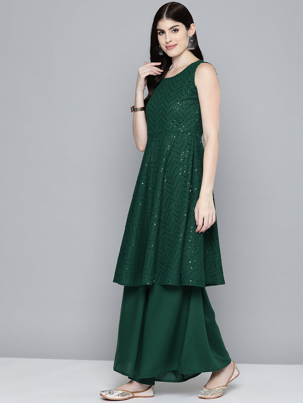 Jompers Women's Embroidered Sequinned Kurta & Palazzos With Dupatta - Green