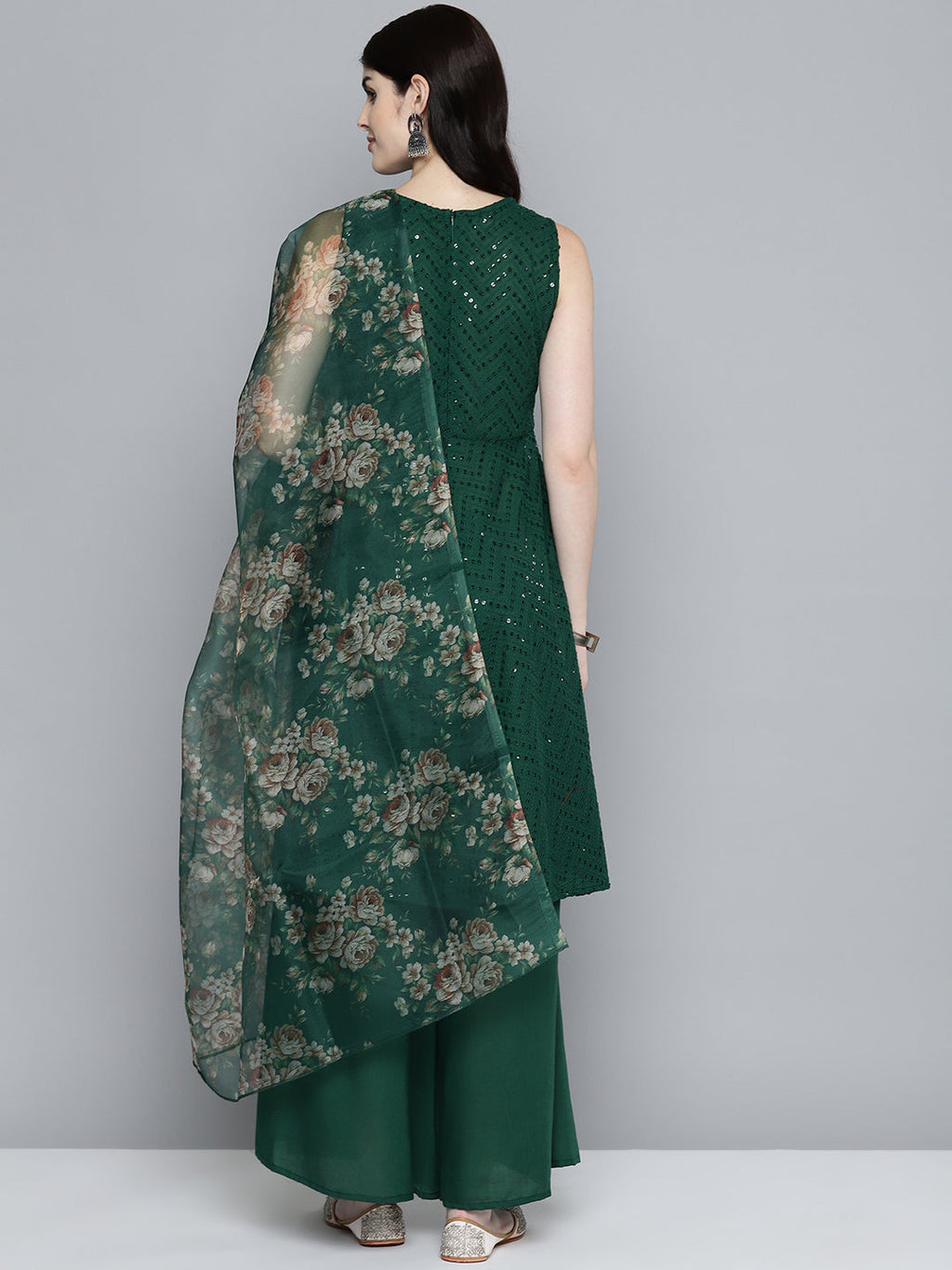 Jompers Women's Embroidered Sequinned Kurta & Palazzos With Dupatta - Green