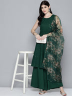 Jompers Women's Embroidered Sequinned Kurta & Palazzos With Dupatta - Green