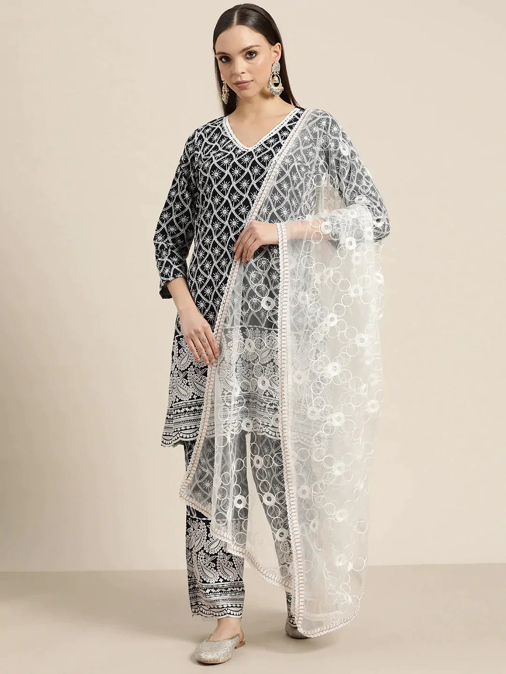 Jompers Women's Ethnic Motifs Embroidered Sequinned Kurta With Palazzos & With Dupatta - Navy Blue
