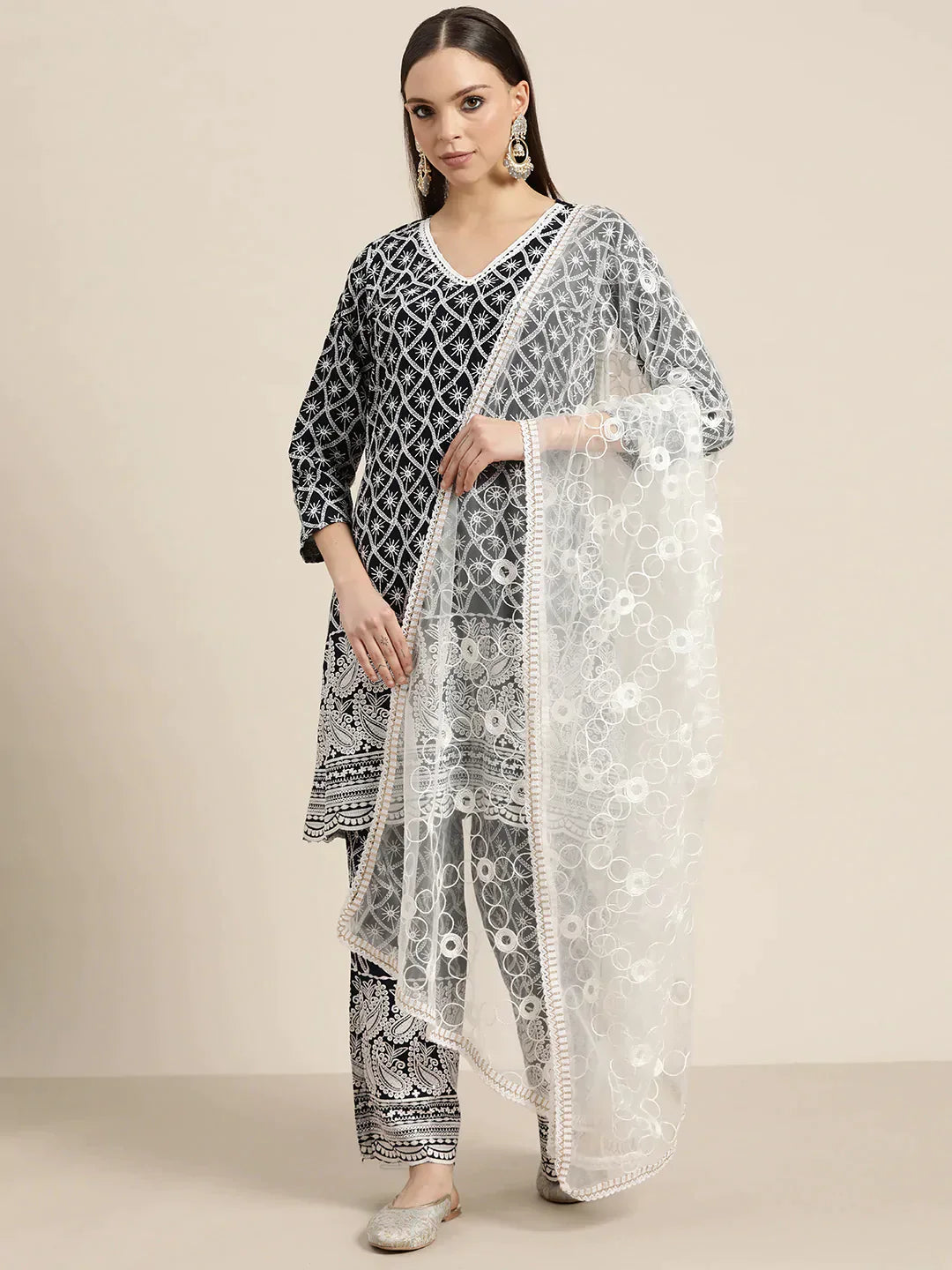 Jompers Women's Ethnic Motifs Embroidered Sequinned Kurta With Palazzos & With Dupatta - Navy Blue