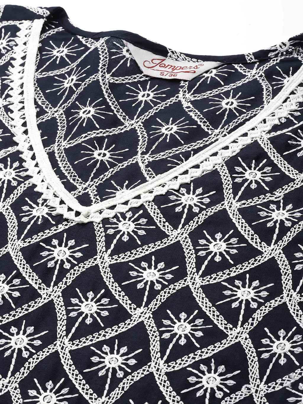 Jompers Women's Ethnic Motifs Embroidered Sequinned Kurta With Palazzos & With Dupatta - Navy Blue