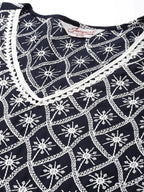 Jompers Women's Ethnic Motifs Embroidered Sequinned Kurta With Palazzos & With Dupatta - Navy Blue