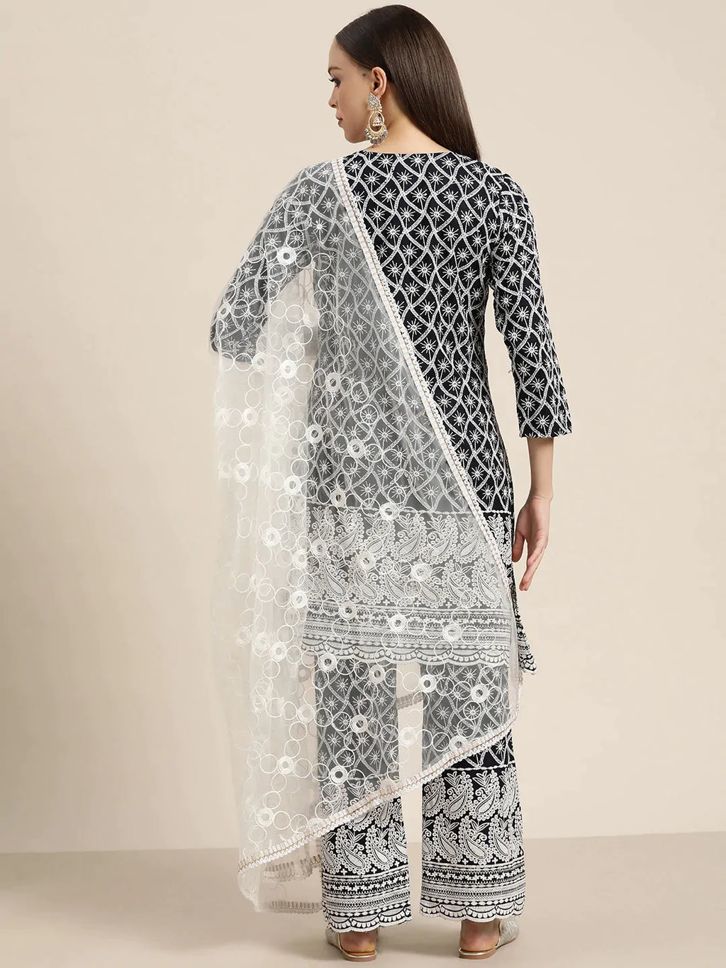 Jompers Women's Ethnic Motifs Embroidered Sequinned Kurta With Palazzos & With Dupatta - Navy Blue