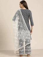 Jompers Women's Ethnic Motifs Embroidered Sequinned Kurta With Palazzos & With Dupatta - Navy Blue