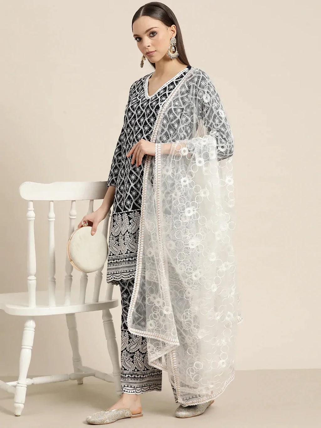 Jompers Women's Ethnic Motifs Embroidered Sequinned Kurta With Palazzos & With Dupatta - Navy Blue