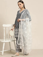 Jompers Women's Ethnic Motifs Embroidered Sequinned Kurta With Palazzos & With Dupatta - Navy Blue