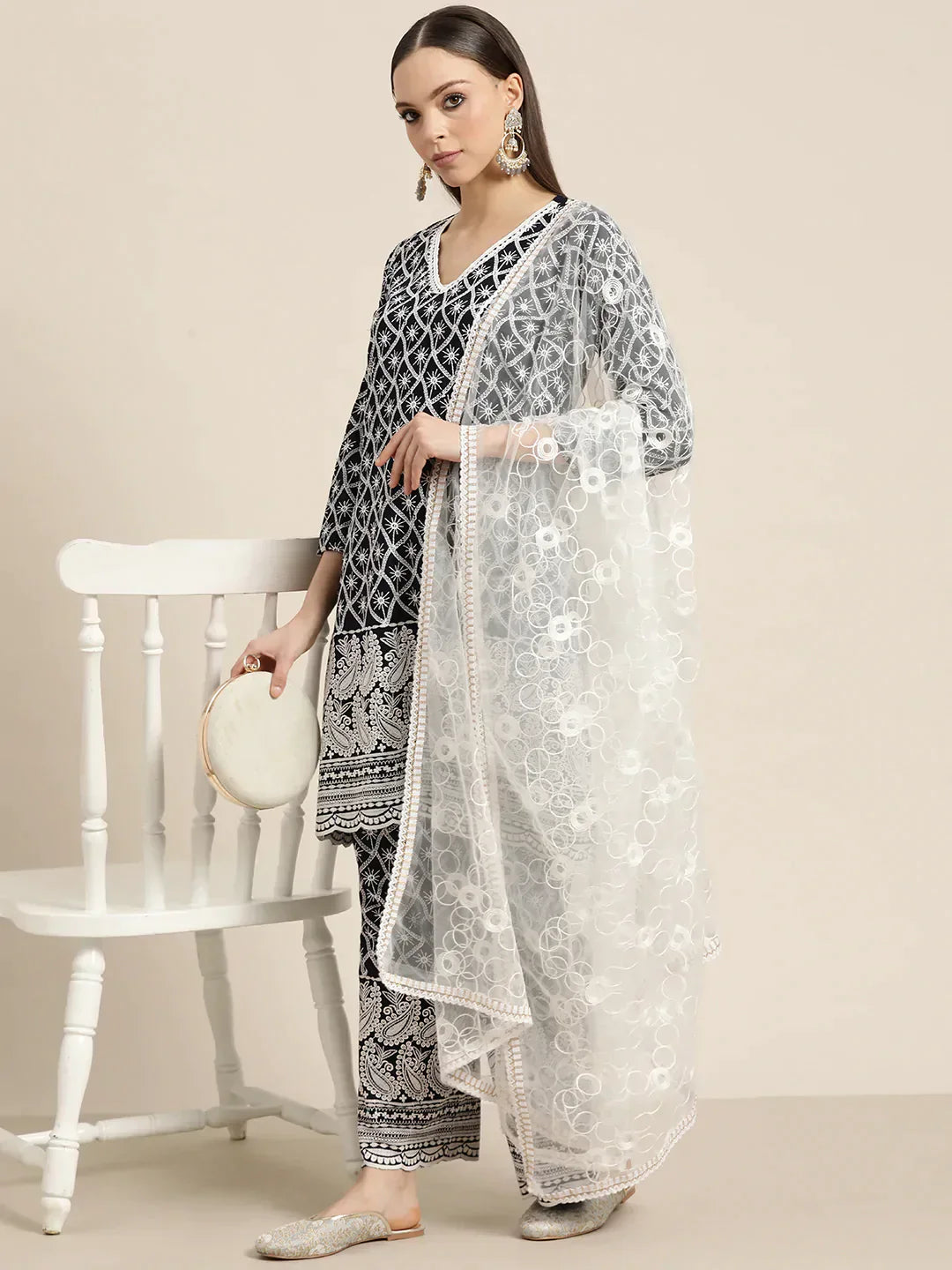 Jompers Women's Ethnic Motifs Embroidered Sequinned Kurta With Palazzos & With Dupatta - Navy Blue