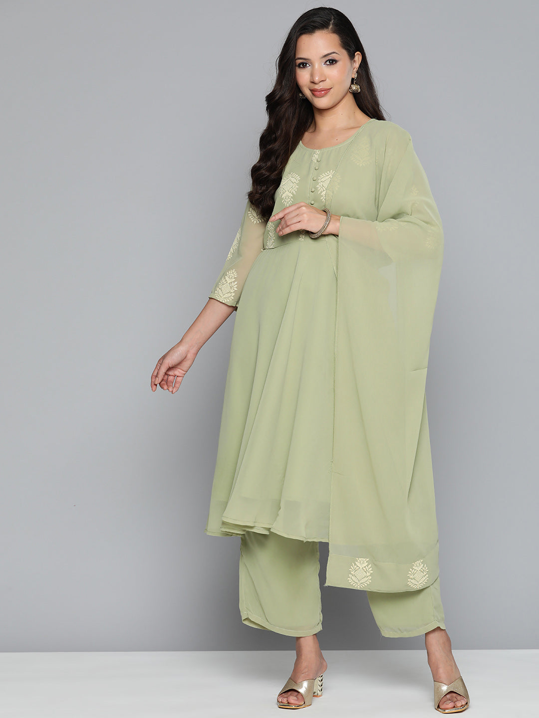 Jompers Women's Ethnic Motifs Green Printed Georgette Kurta with Palazzos & With Dupatta