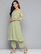 Jompers Women's Ethnic Motifs Green Printed Georgette Kurta with Palazzos & With Dupatta