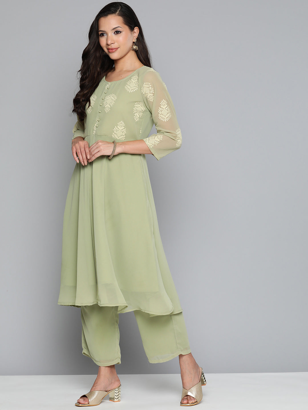 Jompers Women's Ethnic Motifs Green Printed Georgette Kurta with Palazzos & With Dupatta
