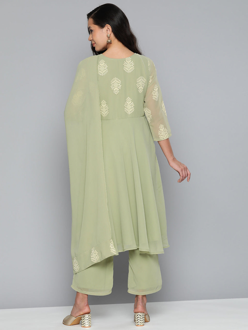Jompers Women's Ethnic Motifs Green Printed Georgette Kurta with Palazzos & With Dupatta