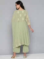 Jompers Women's Ethnic Motifs Green Printed Georgette Kurta with Palazzos & With Dupatta