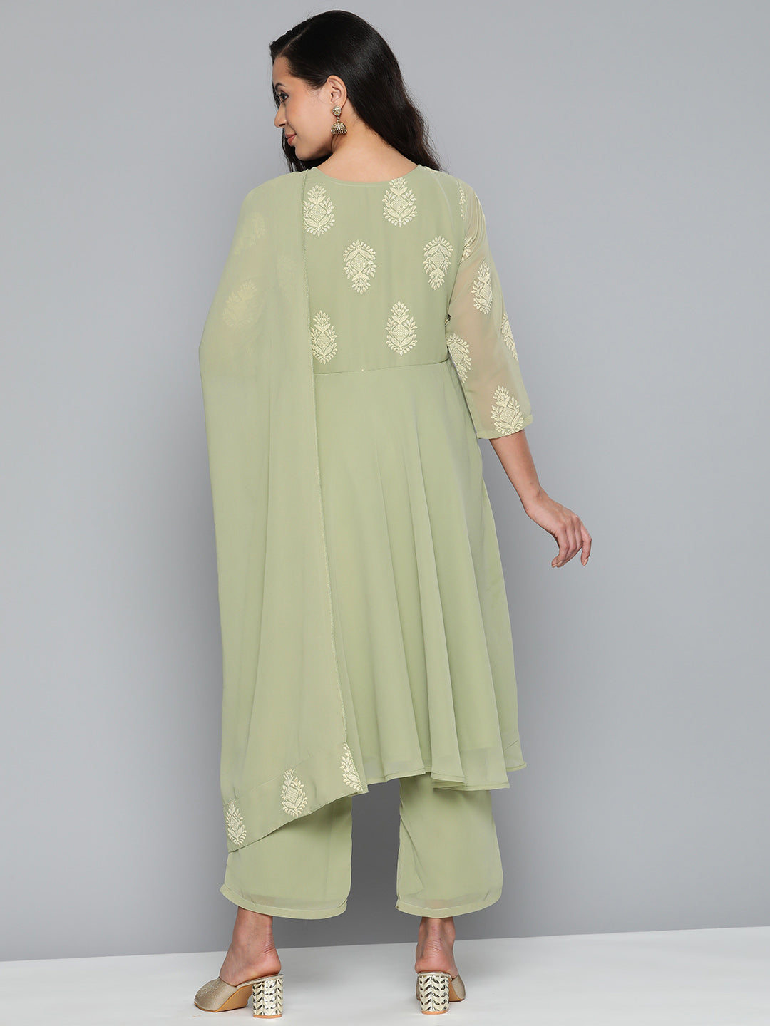 Jompers Women's Ethnic Motifs Green Printed Georgette Kurta with Palazzos & With Dupatta