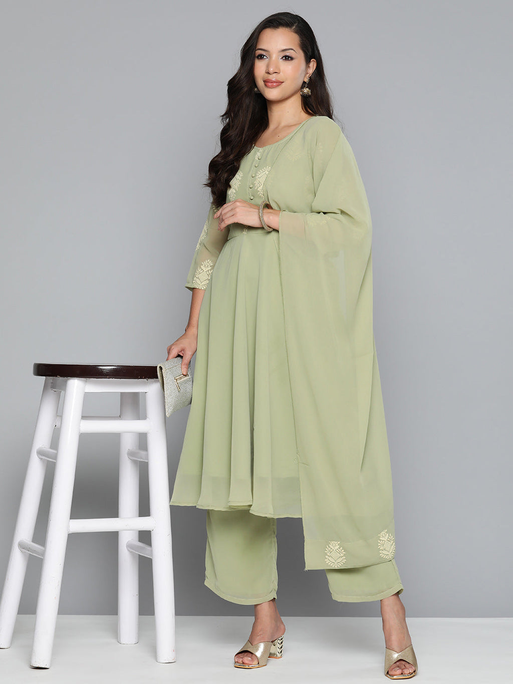 Jompers Women's Ethnic Motifs Green Printed Georgette Kurta with Palazzos & With Dupatta