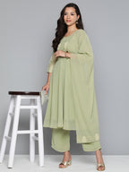 Jompers Women's Ethnic Motifs Green Printed Georgette Kurta with Palazzos & With Dupatta