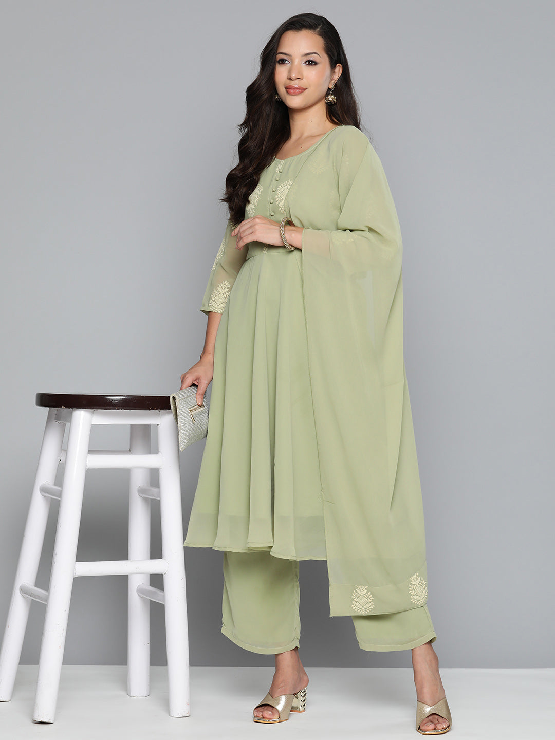 Jompers Women's Ethnic Motifs Green Printed Georgette Kurta with Palazzos & With Dupatta