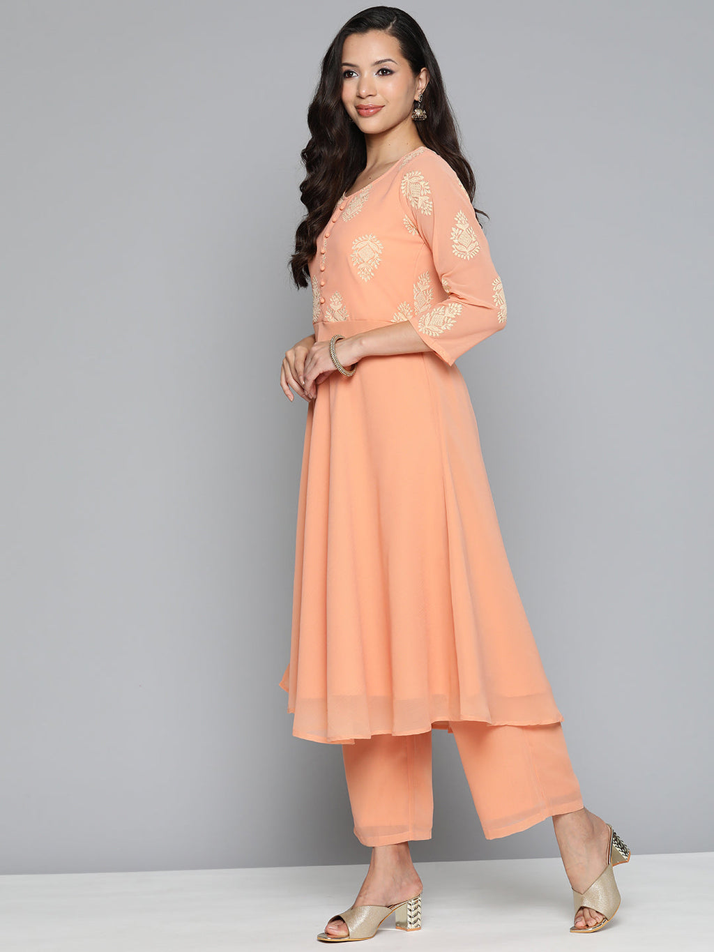 Jompers Women's Ethnic Motifs Peach Printed Georgette Kurta with Palazzos & With Dupatta