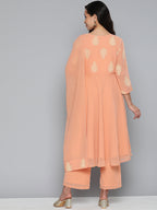 Jompers Women's Ethnic Motifs Peach Printed Georgette Kurta with Palazzos & With Dupatta
